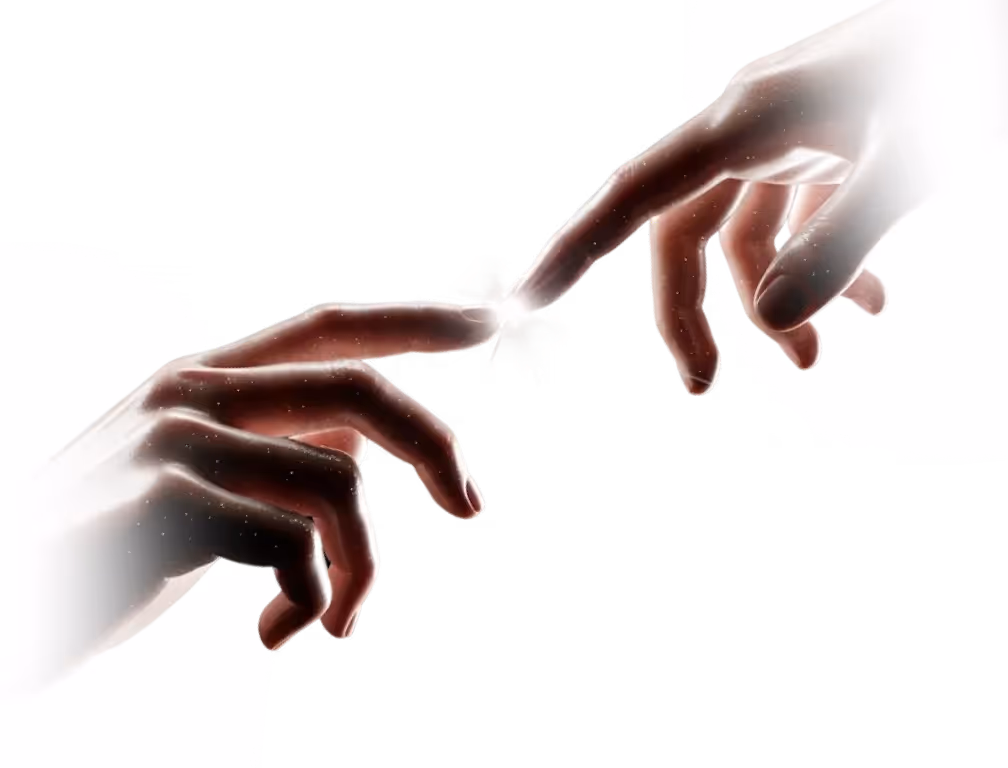 Two hands reaching toward each other with fingertips touching and emitting a glowing light.