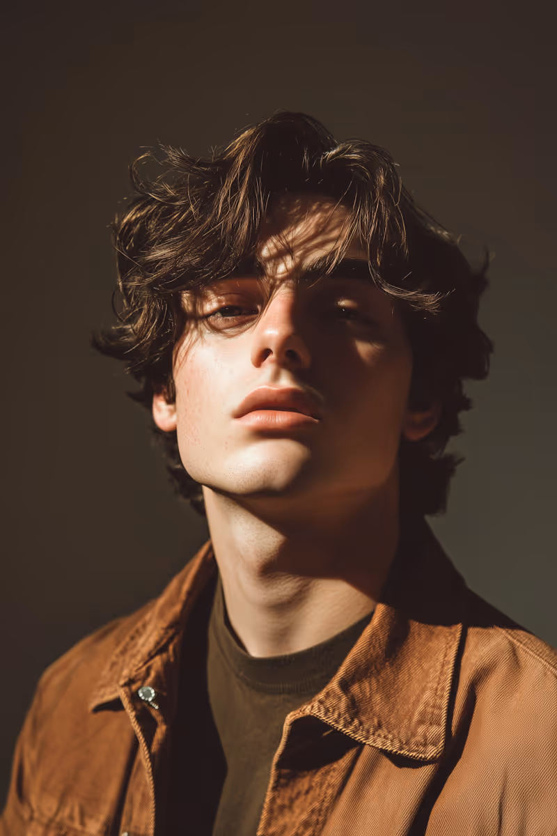 Close-up portrait of a young man with tousled hair wearing a brown jacket, with shadows cast on his face.