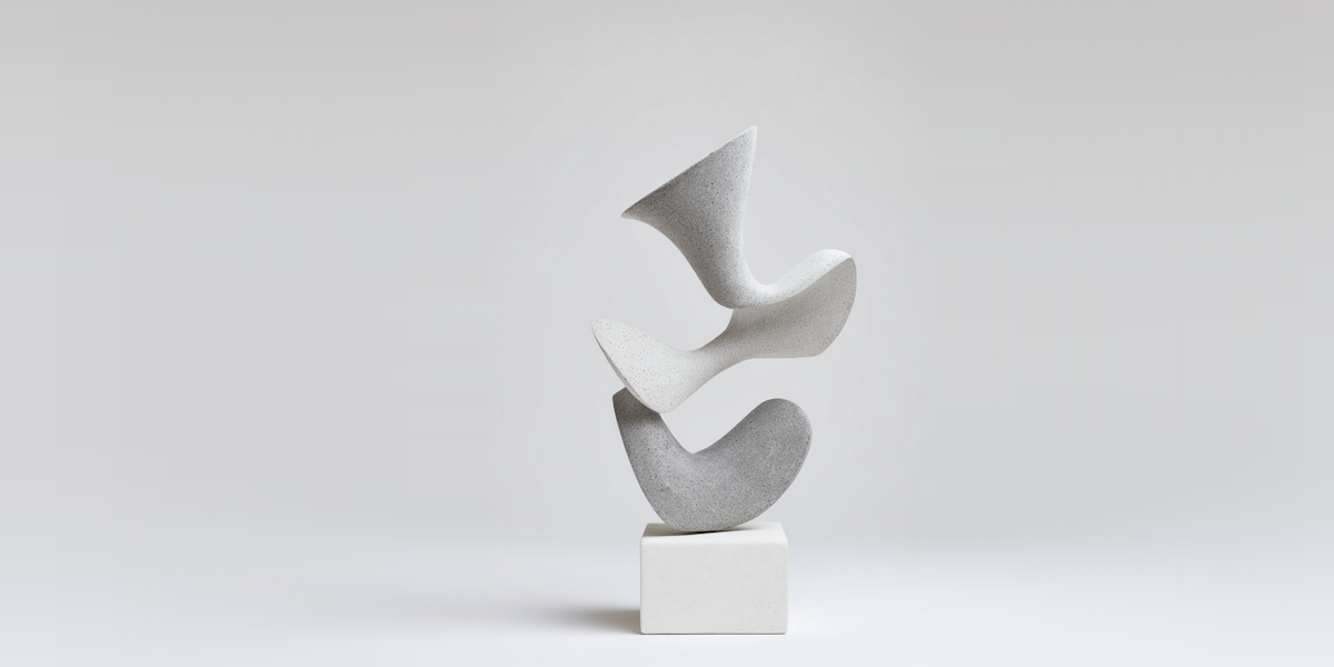Modern abstract sculpture with three curved, smooth stone forms stacked on a square base against a plain light gray background.