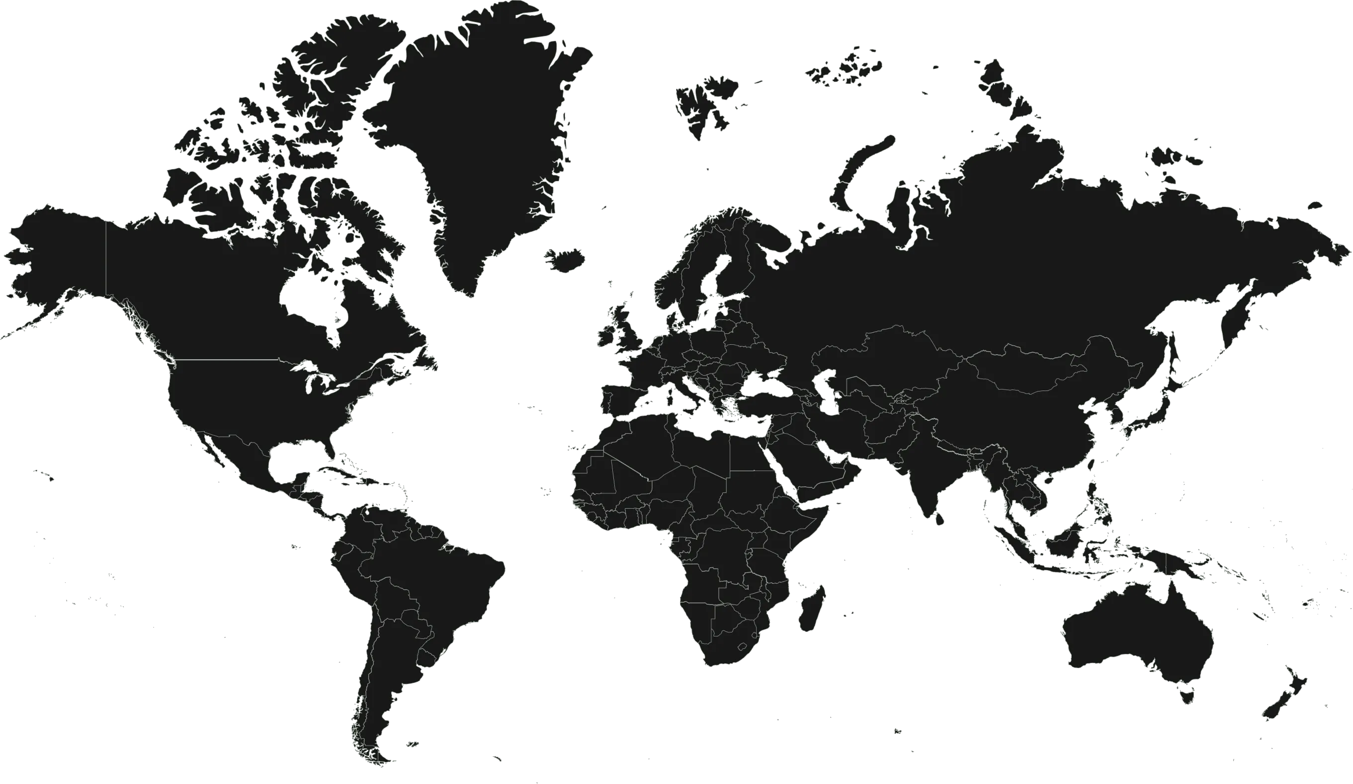 World map showing continents and country borders on a black background.