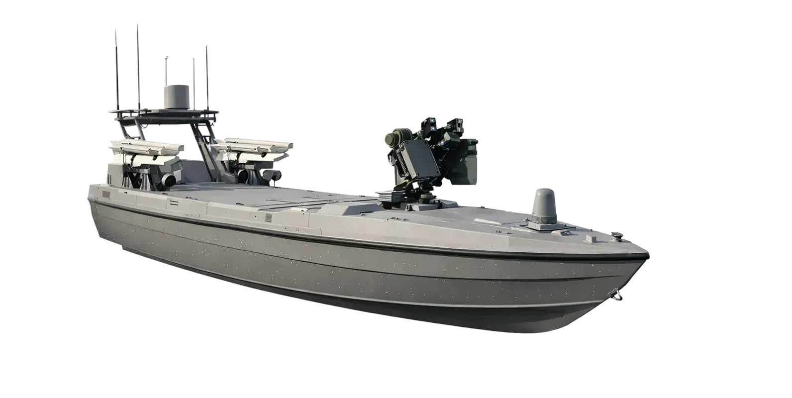Gray autonomous military drone boat equipped with mounted weapon systems and radar.