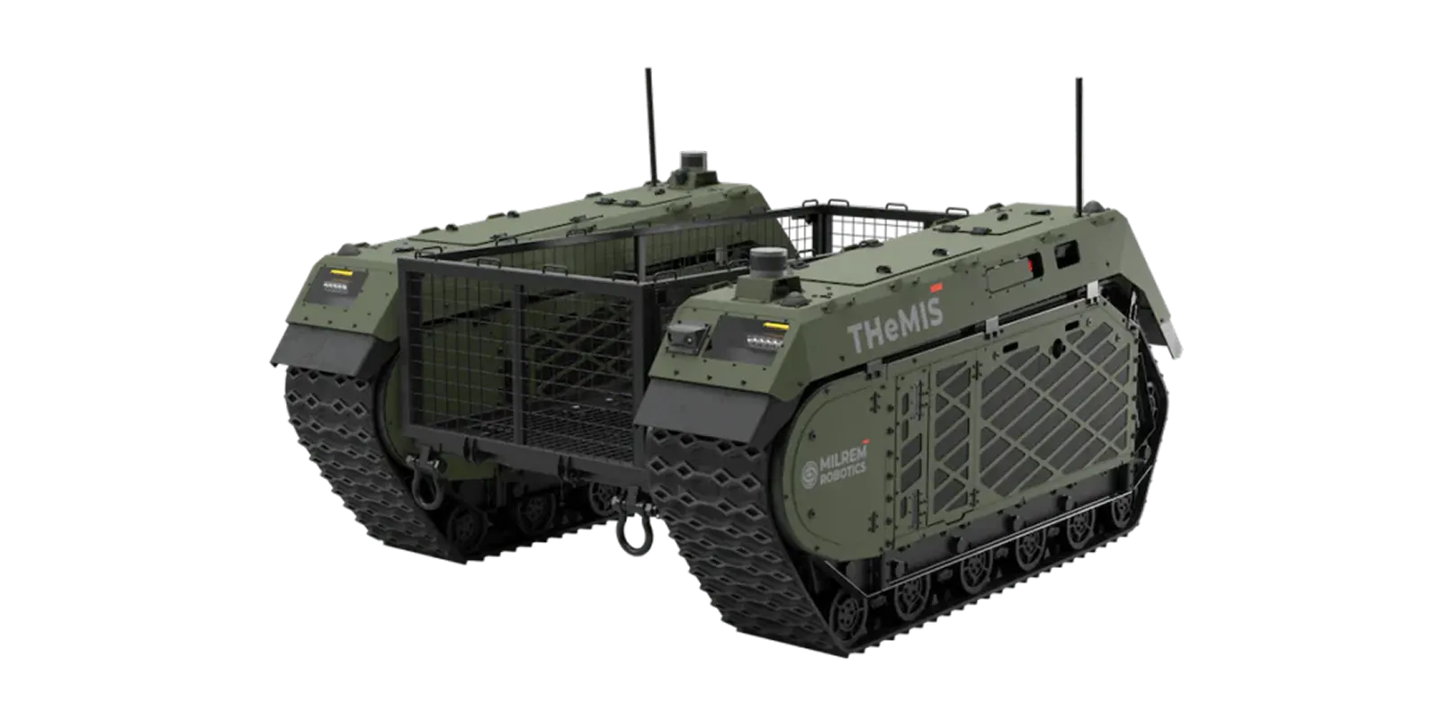 Military green robotic tracked vehicle with open cargo area labeled 'THeMIS' and 'Milrem Robotics'.