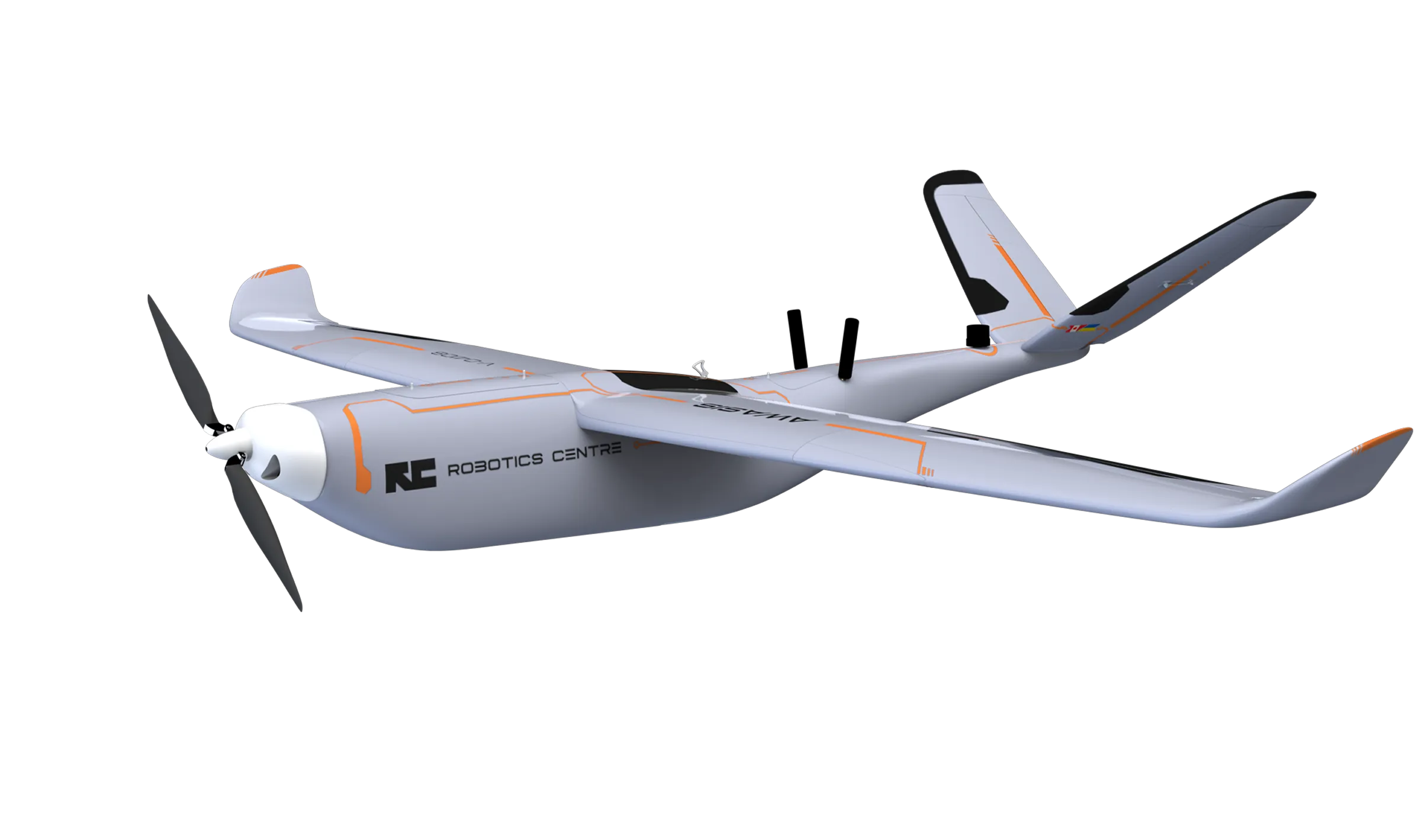 White drone aircraft with twin tail fins and front propeller, marked with Robotics Centre logo and orange accents.