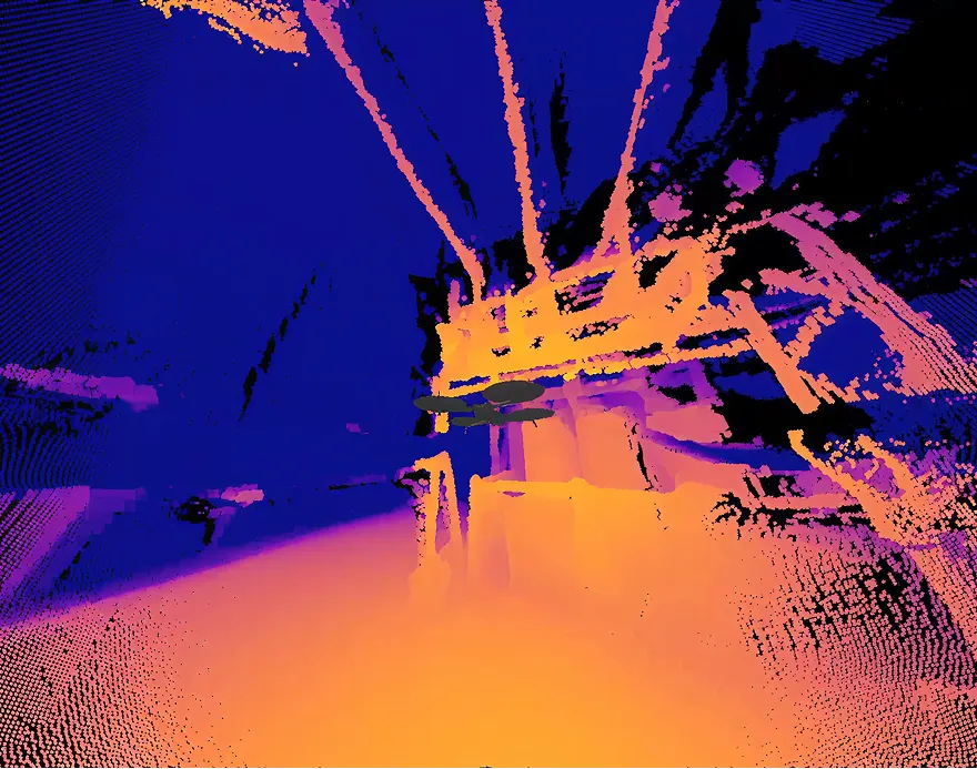 Colorful 3D point cloud visualization of a drone flying indoors with orange and blue lighting effects.