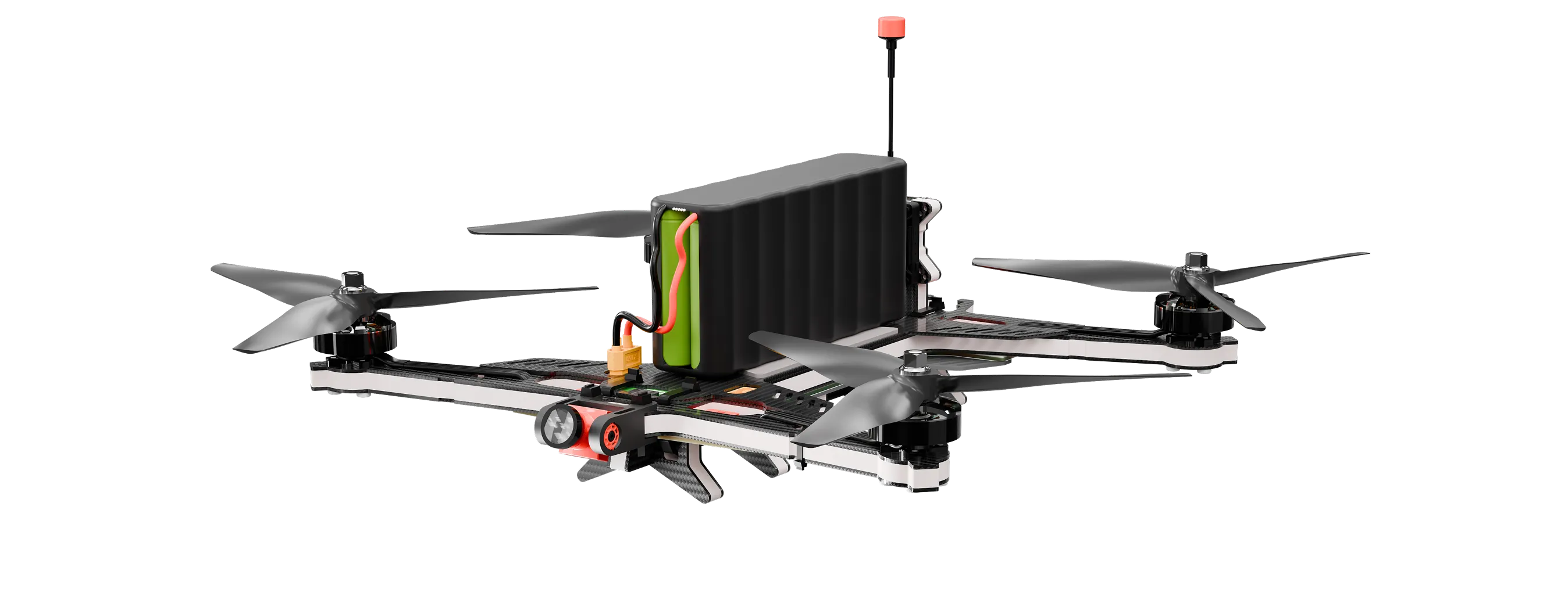 Racing drone with four propellers, visible battery pack, and front-facing camera on a black background.