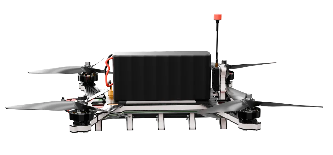 Front view of a small quadcopter drone with four propellers and a central black battery pack.