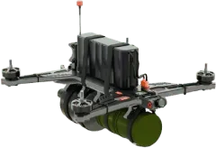 Compact drone with four propellers and a mounted cylindrical payload underneath.