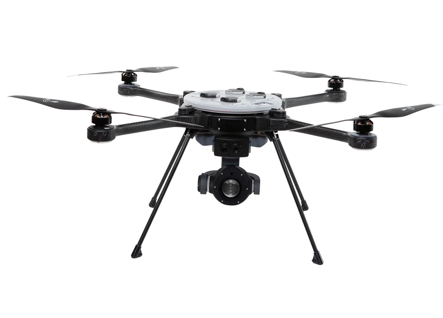 Professional quadcopter drone with four propellers, carbon fiber arms, and a mounted camera underneath.