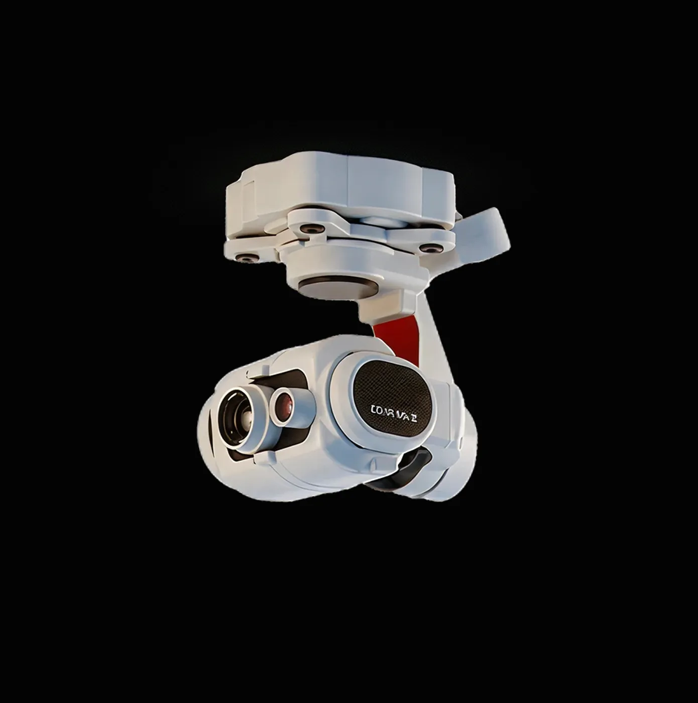 White compact camera gimbal with multiple lenses mounted on a black background.
