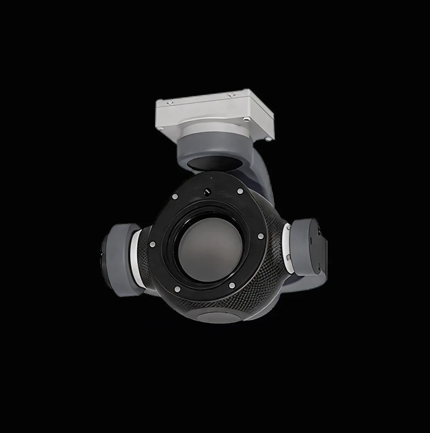 Black and gray mechanical gimbal camera mount with circular central lens area on a black background.