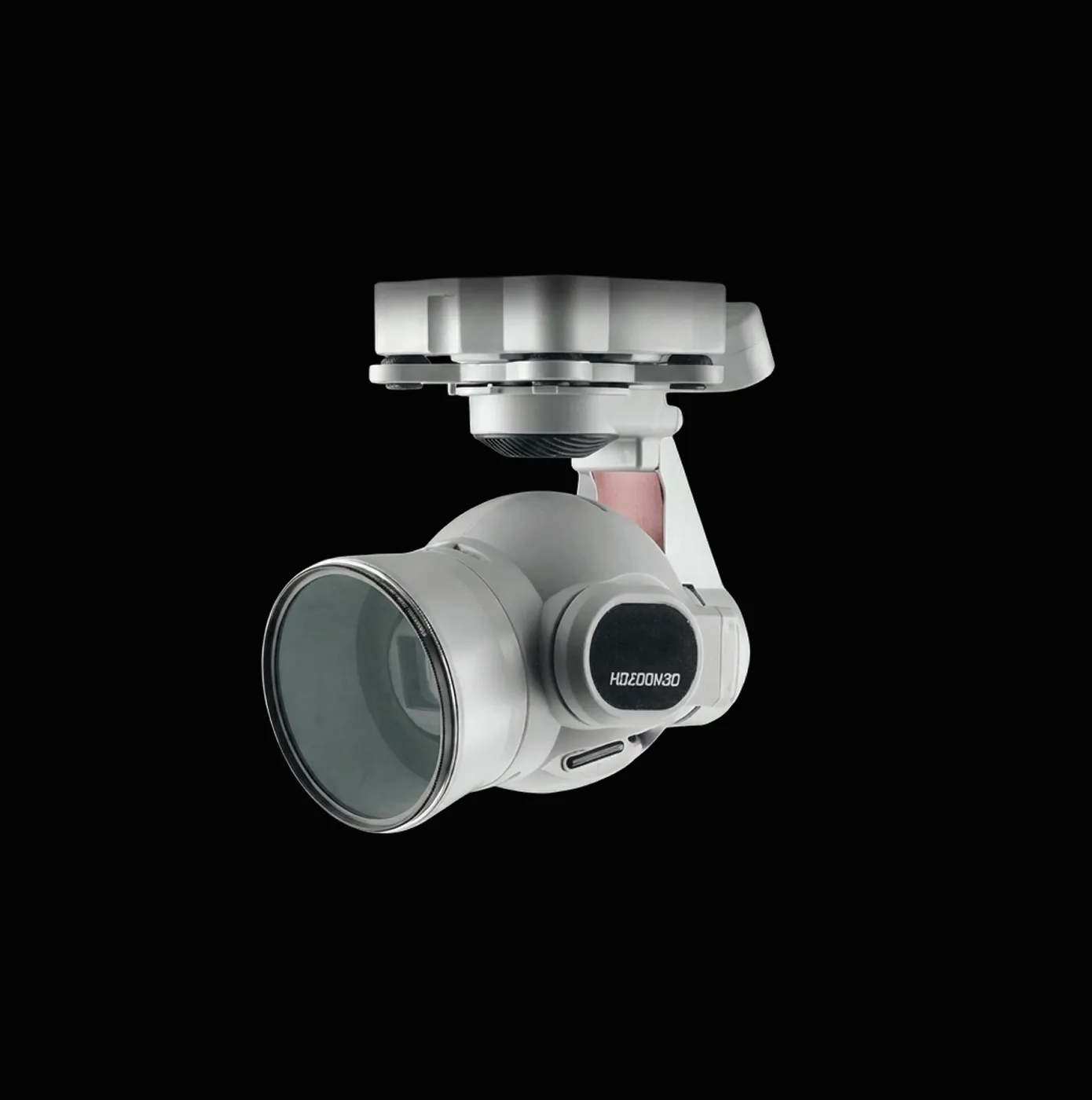 Close-up of a white drone camera gimbal with HD zoom 30 label on black background.