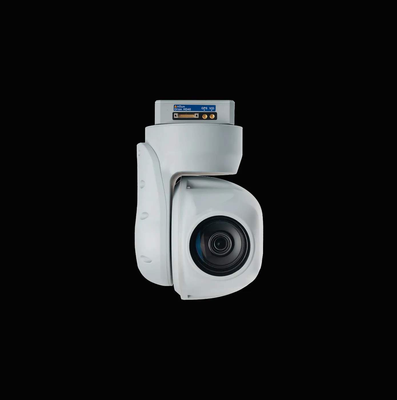 White security camera with a visible lens and a GPS module labeled Orion HD40 against a black background.