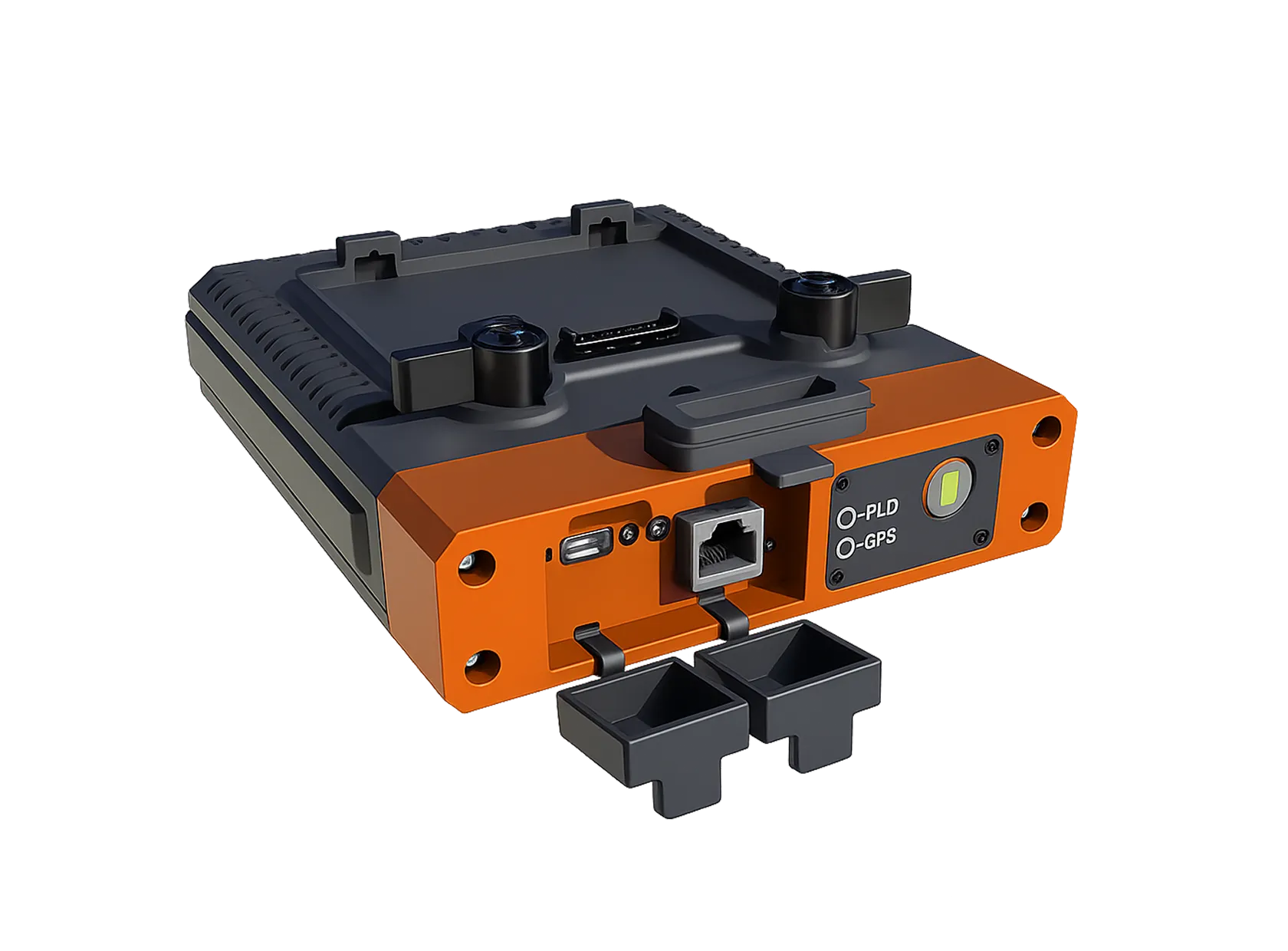 Compact black and orange device with ports labeled PLD and GPS and protective covers open.