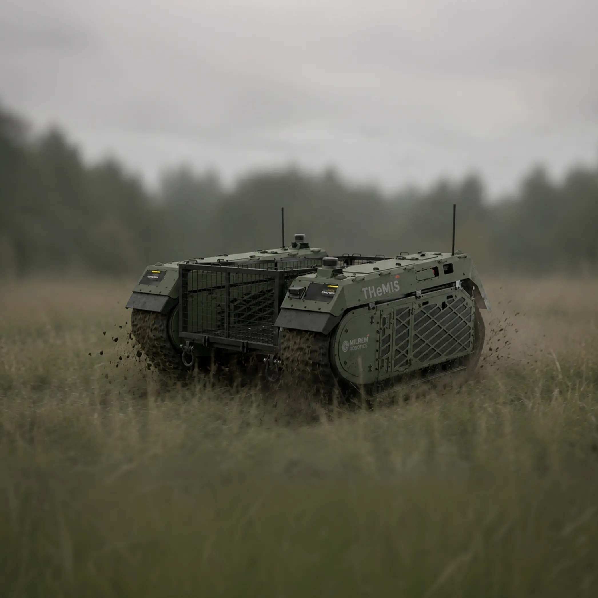 THeMIS ground vehicle driving through grassy field, kicking up mud and dirt.