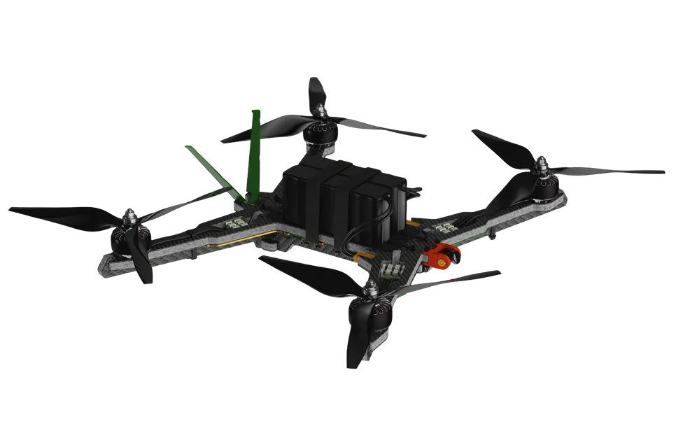 Kukri custom-built Canadian FPV drone with a black quadcopter frame, four propellers, and visible wiring.