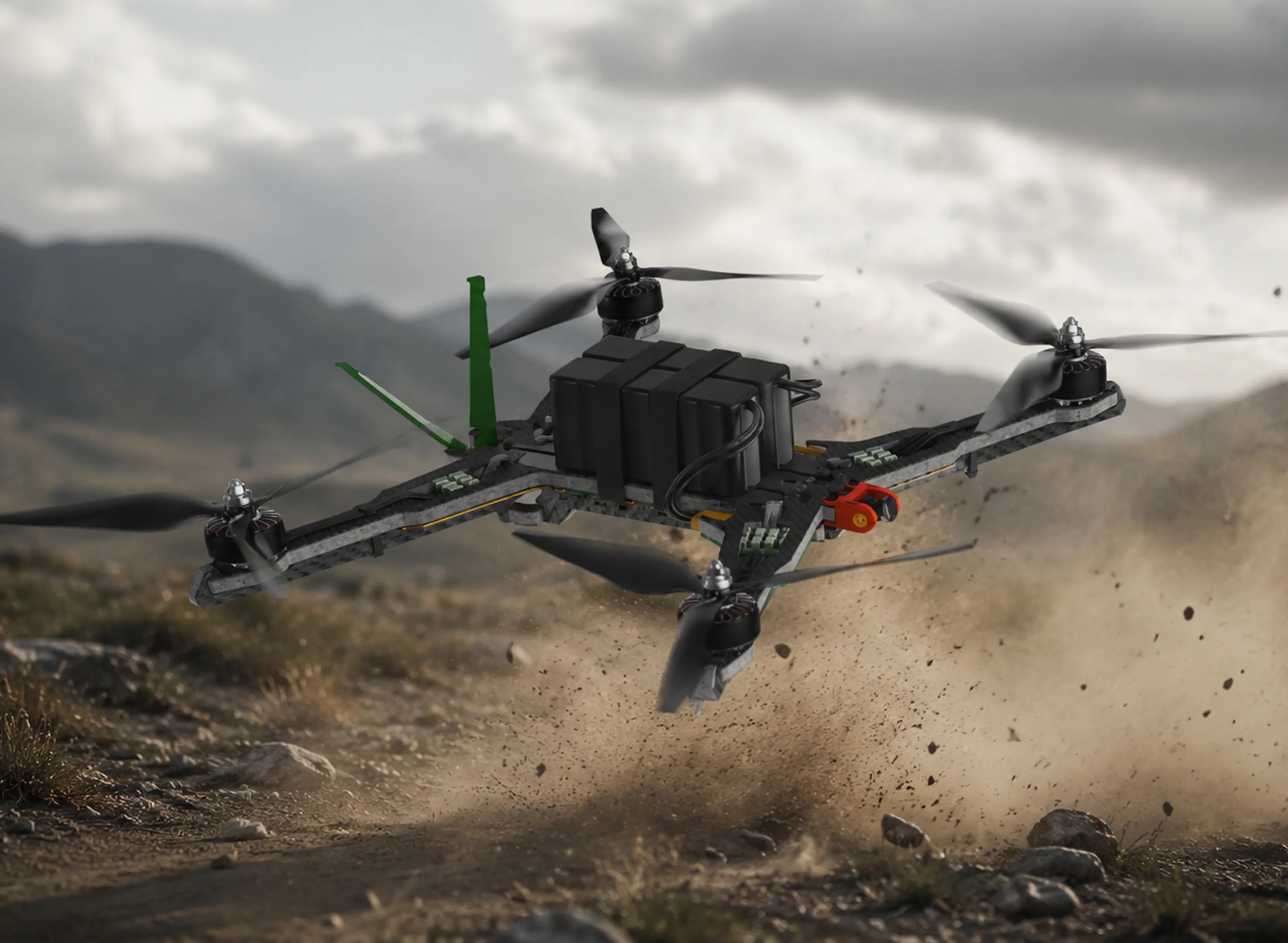 Quadcopter drone flying low over rocky dirt terrain with dust and debris kicking up behind it.