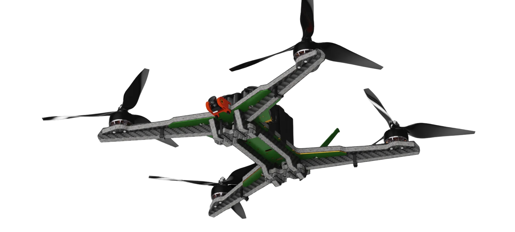 Kukri custom-built Canadian FPV drone with a black quadcopter frame, four propellers, and visible wiring.