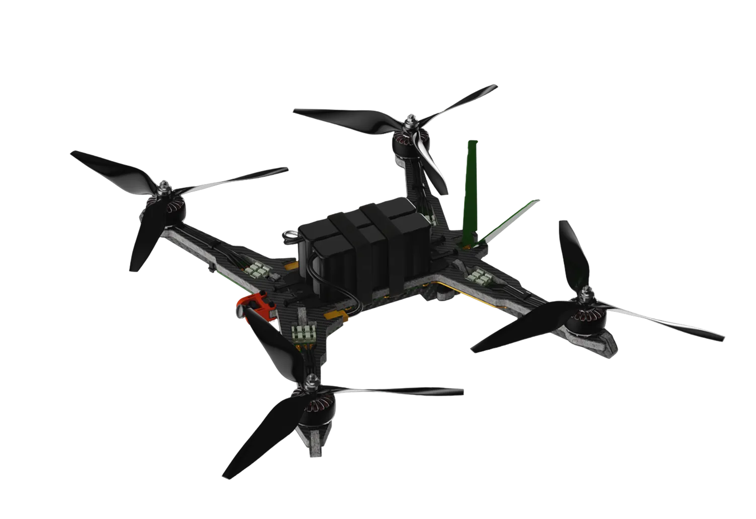 Kukri custom-built Canadian FPV drone with a black quadcopter frame, four propellers, and visible wiring.