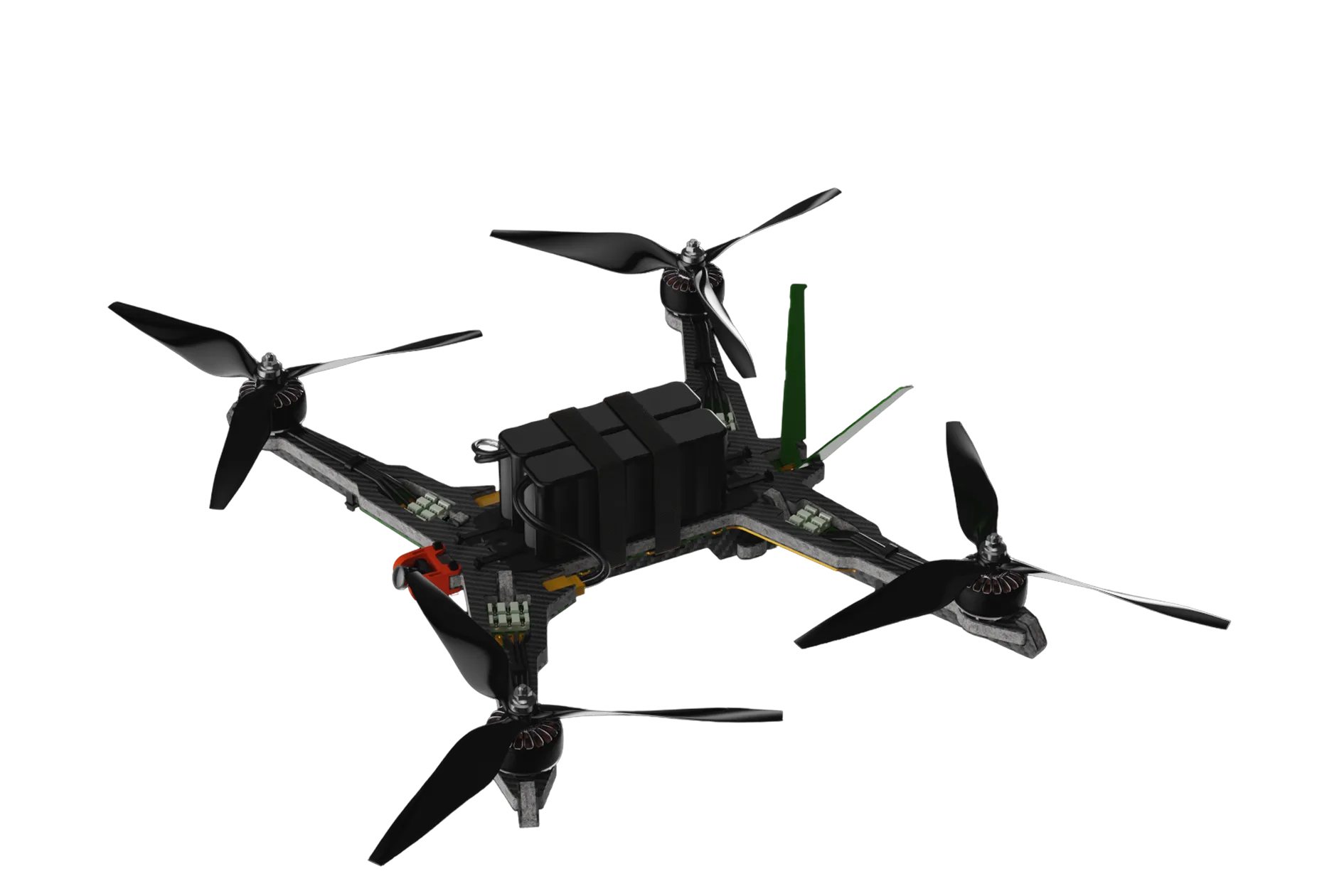 Kukri custom-built Canadian FPV drone with a black quadcopter frame, four propellers, and visible wiring.