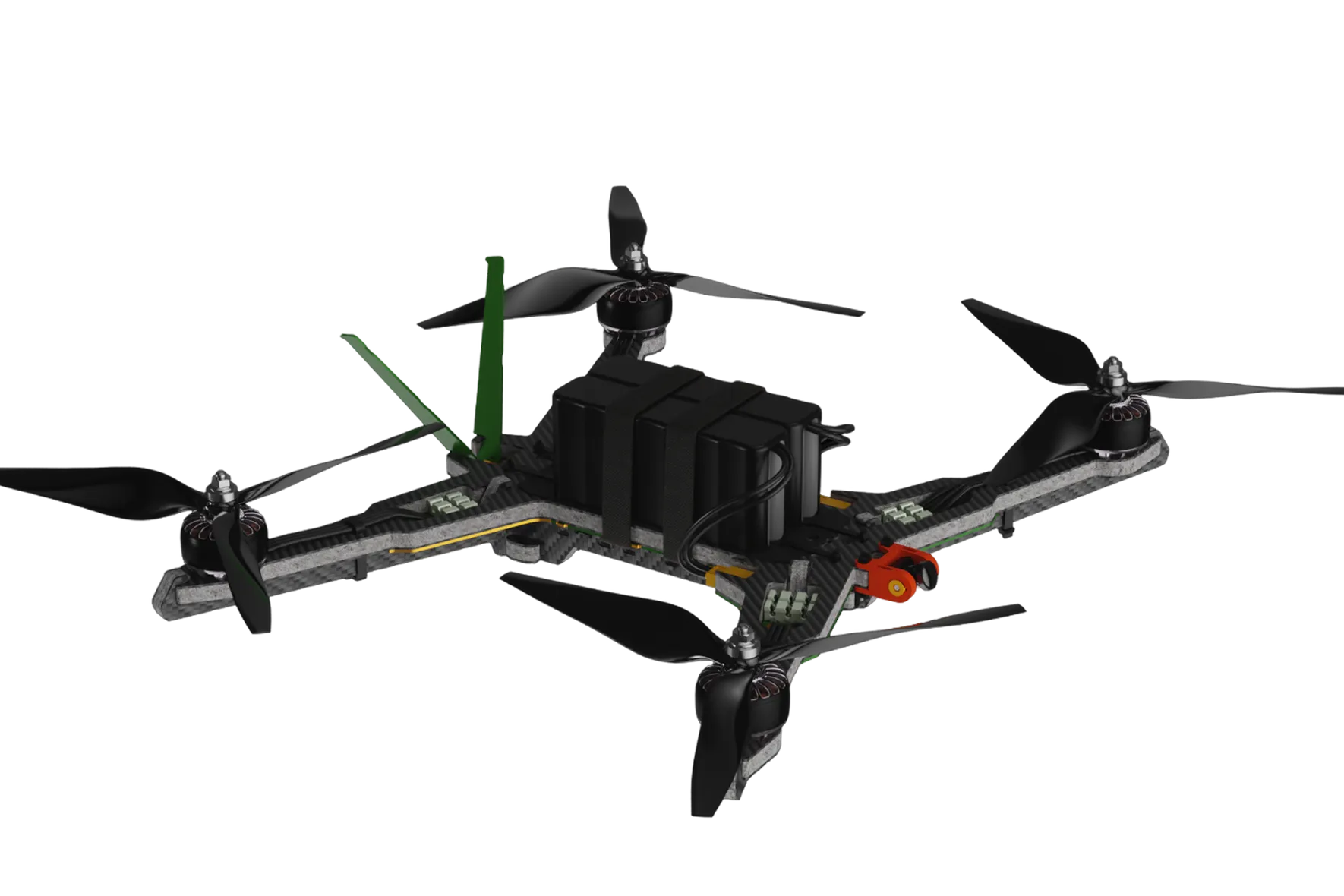 Kukri custom-built Canadian FPV drone with a black quadcopter frame, four propellers, and visible wiring.