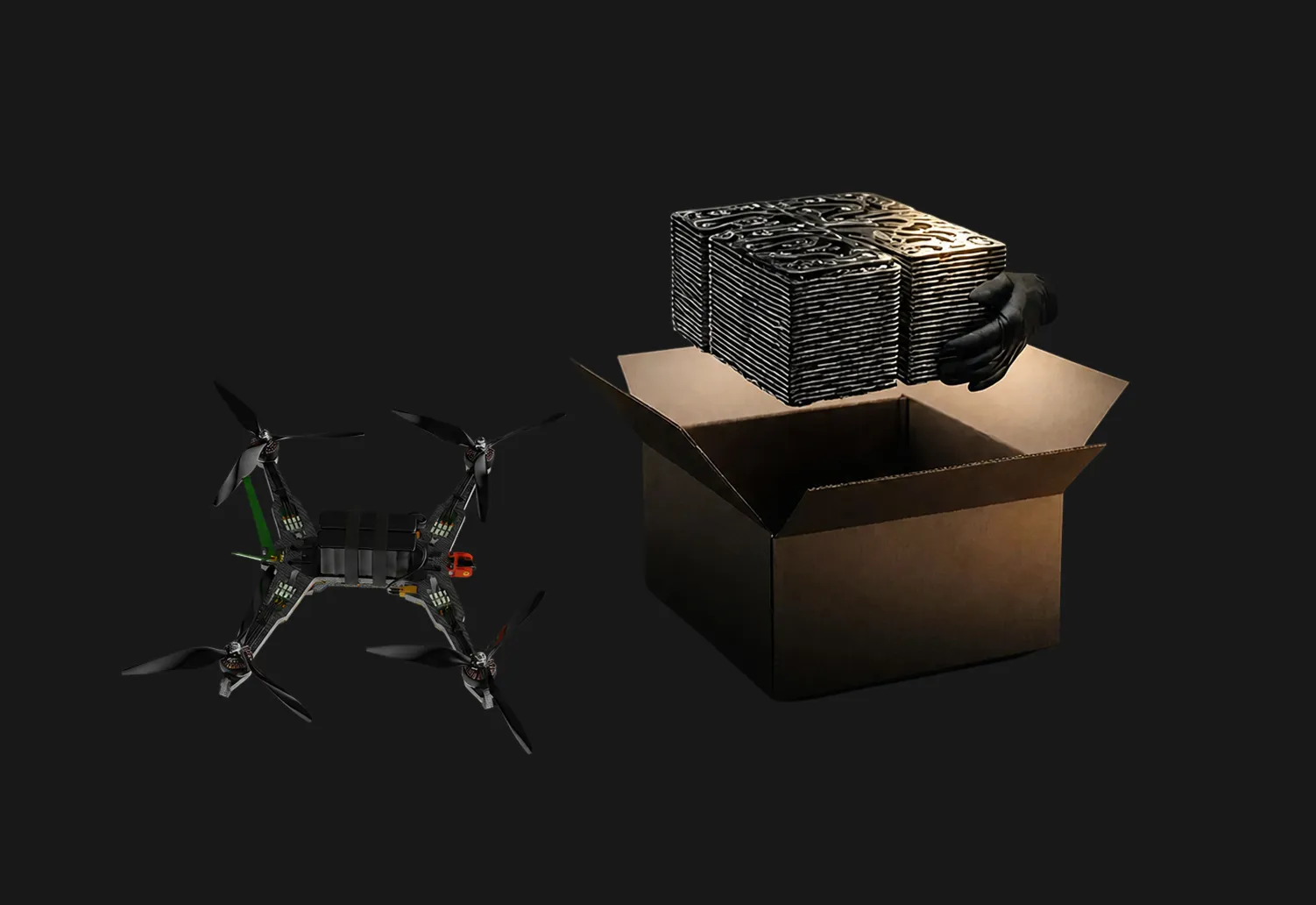 Quadcopter drone near an open box with black-gloved hand holding stacked black metal plates.