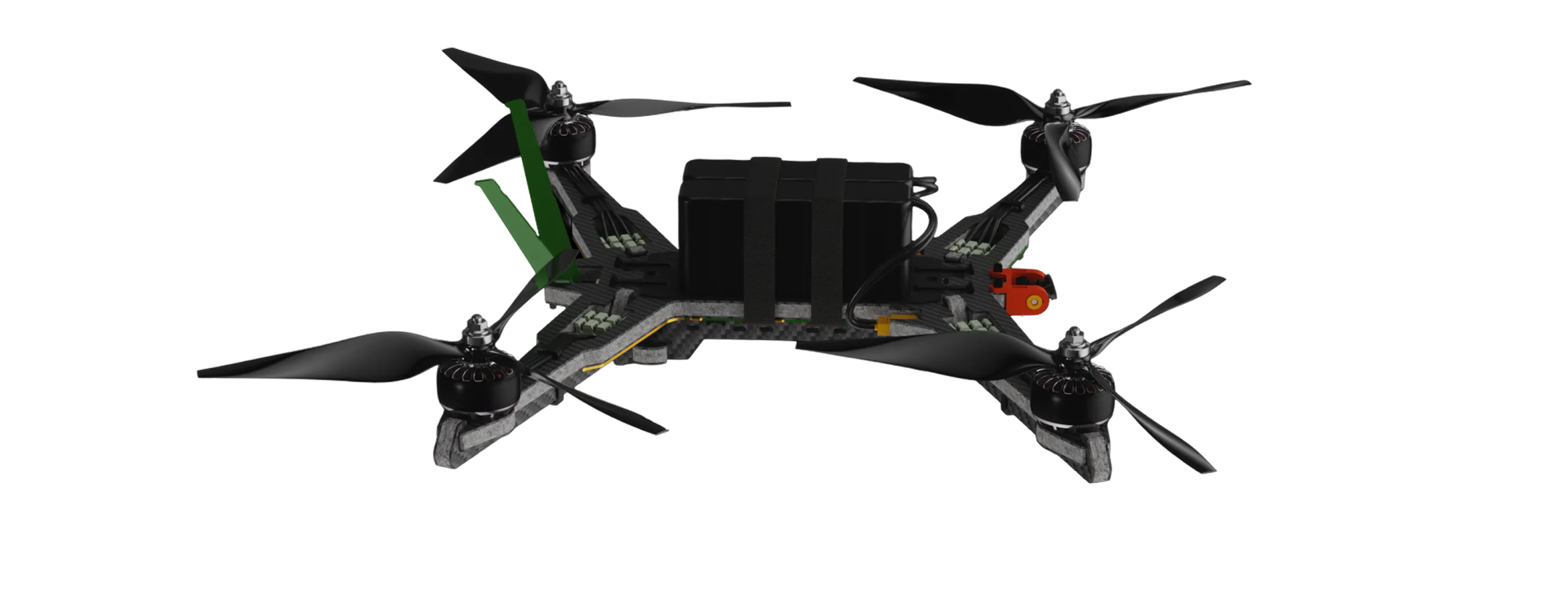 Kukri custom-built Canadian FPV drone with a black quadcopter frame, four propellers, and visible wiring.