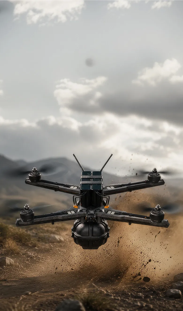 Black quadcopter drone flying over a grassy field with blurred trees in the background.