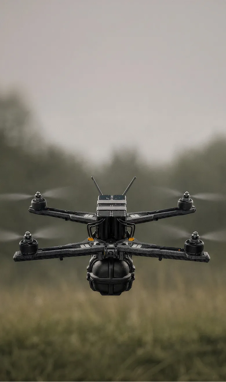 Black quadcopter drone flying over a grassy field with blurred trees in the background.