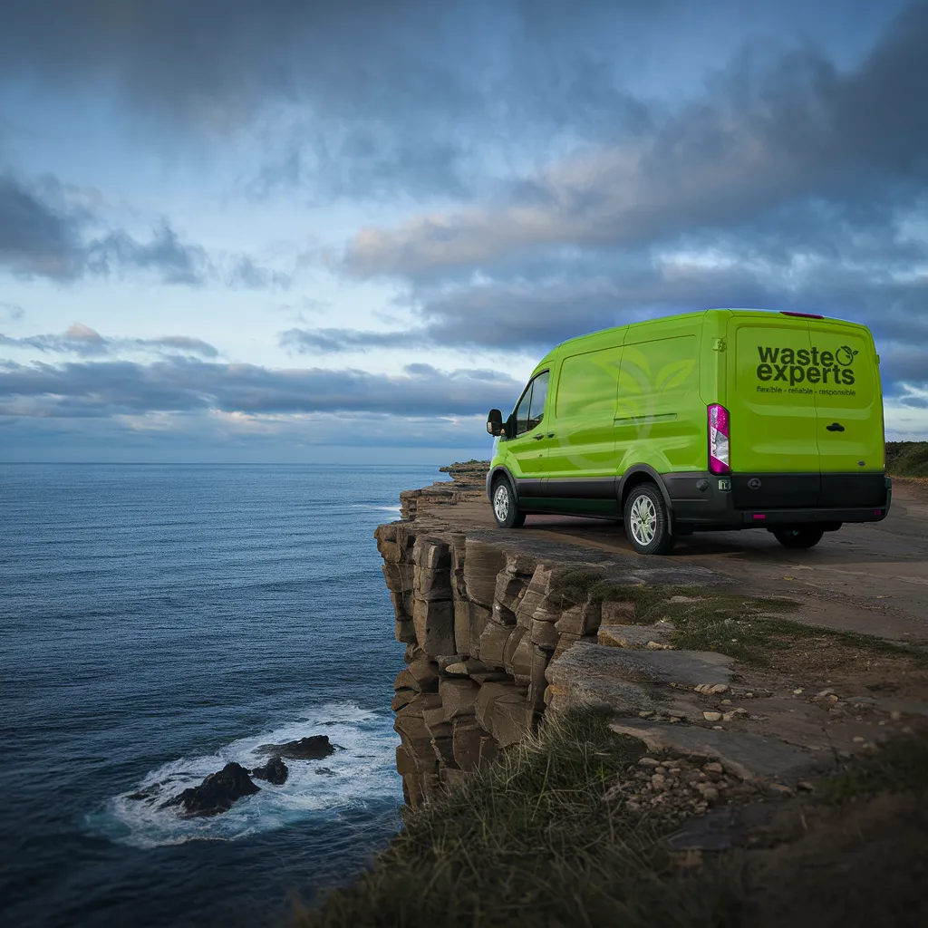 Bright green Waste Experts van parked near the edge of a cliff overlooking the ocean under a cloudy sky.