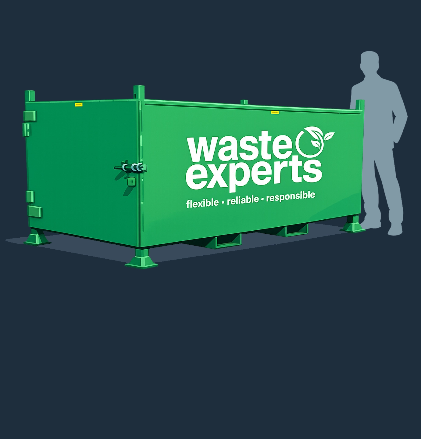 Large green industrial waste container with 'waste experts flexible reliable responsible' text and leaf logo, silhouette of person nearby for scale.