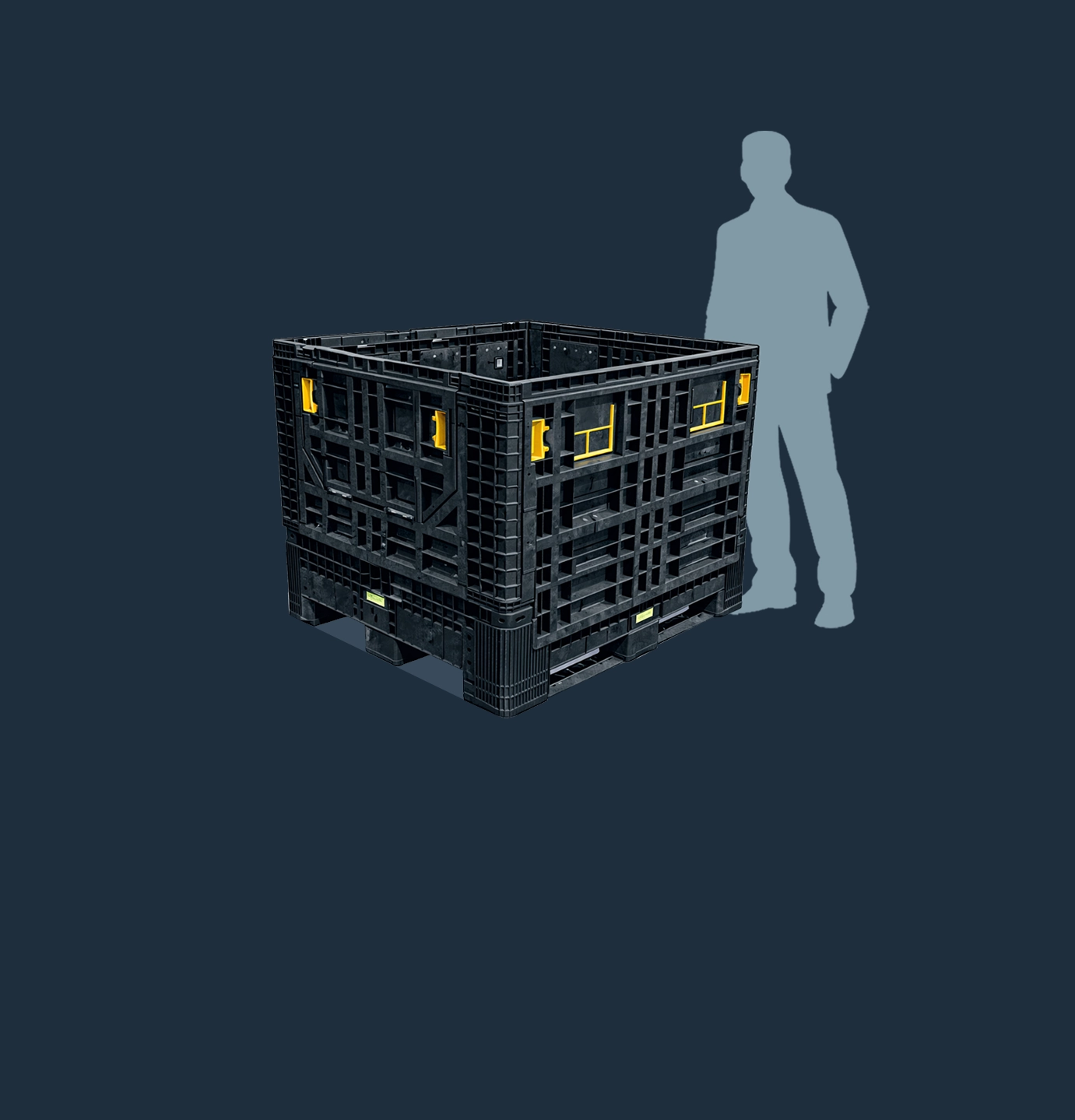 Black collapsible industrial plastic pallet container with yellow handles, shown next to a blue silhouette of a standing person for size comparison.