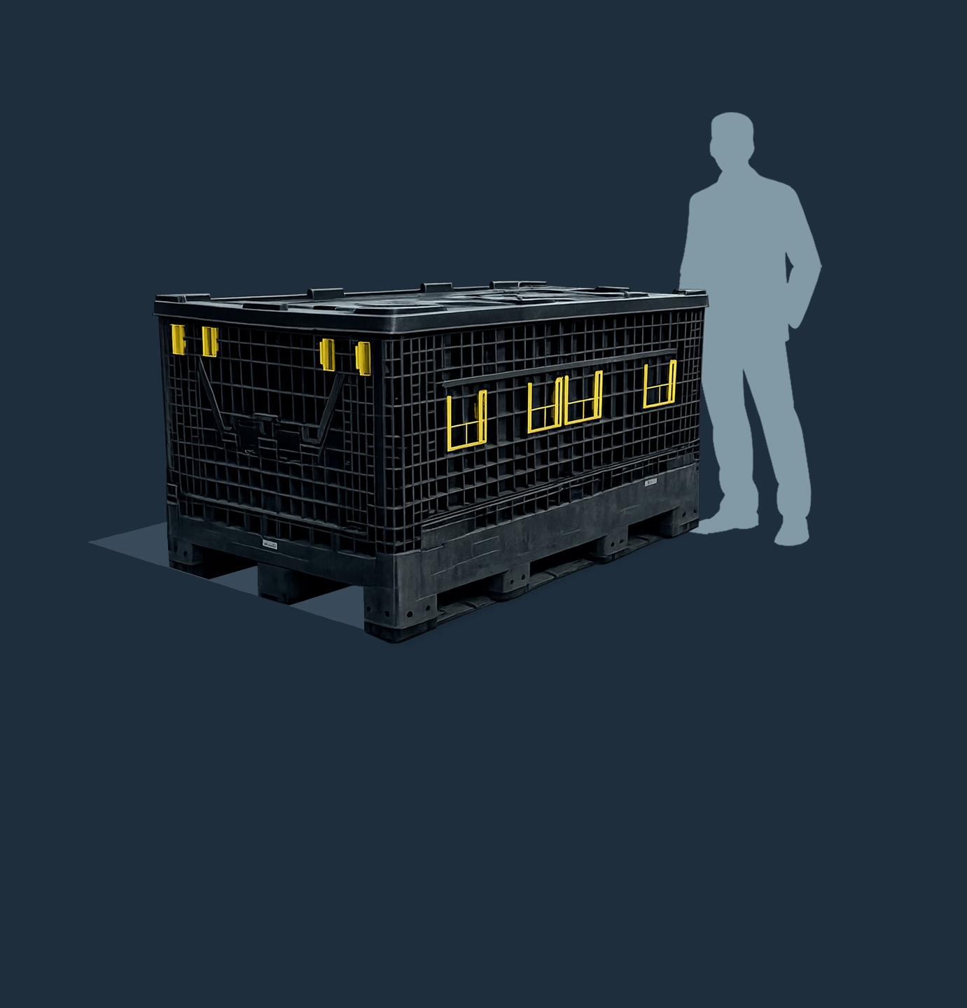 Large black collapsible plastic crate with yellow handles next to a silhouette of a standing person for size comparison.