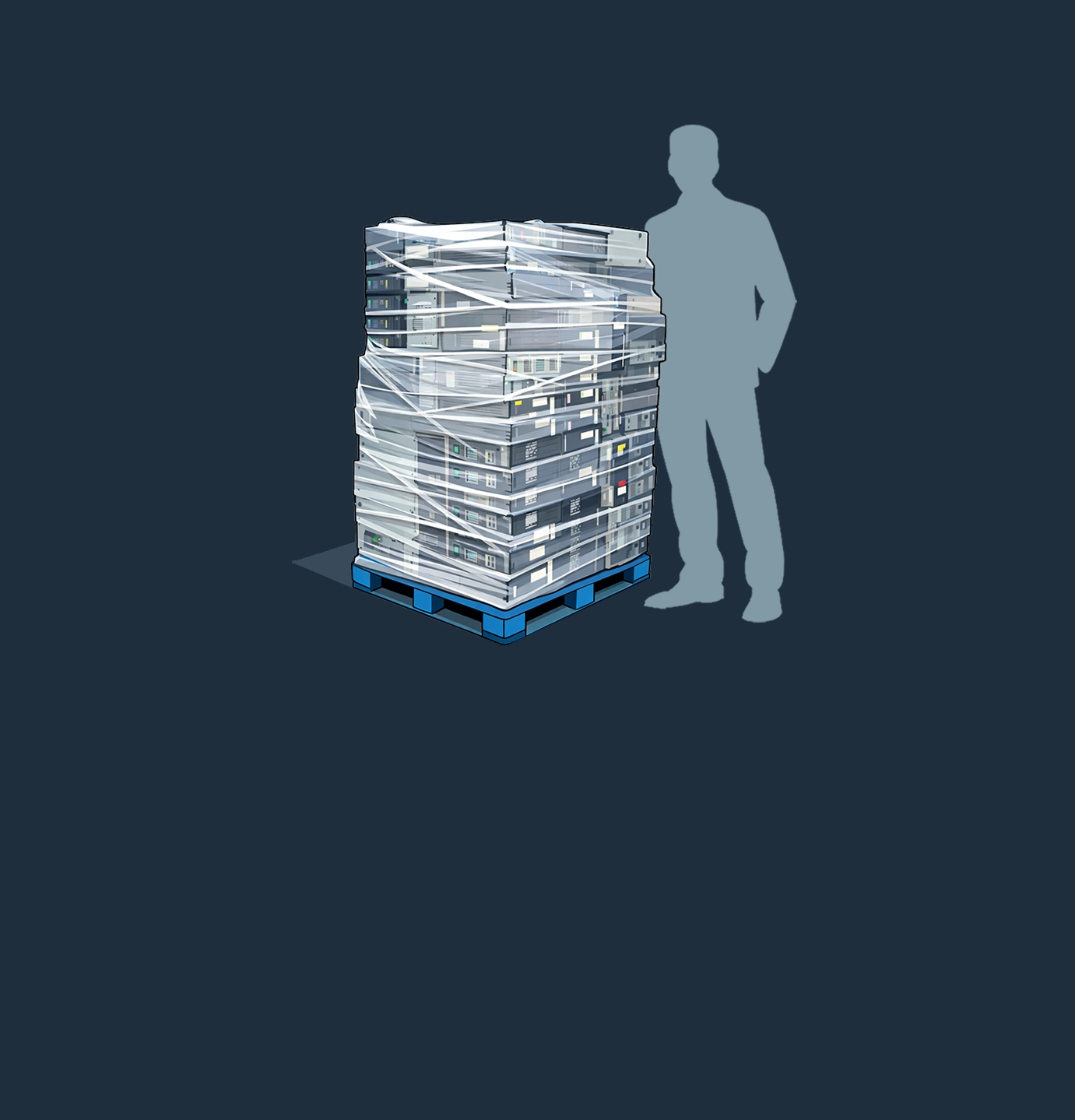 Stack of electronic devices wrapped in plastic on a blue pallet next to a silhouette of a person.