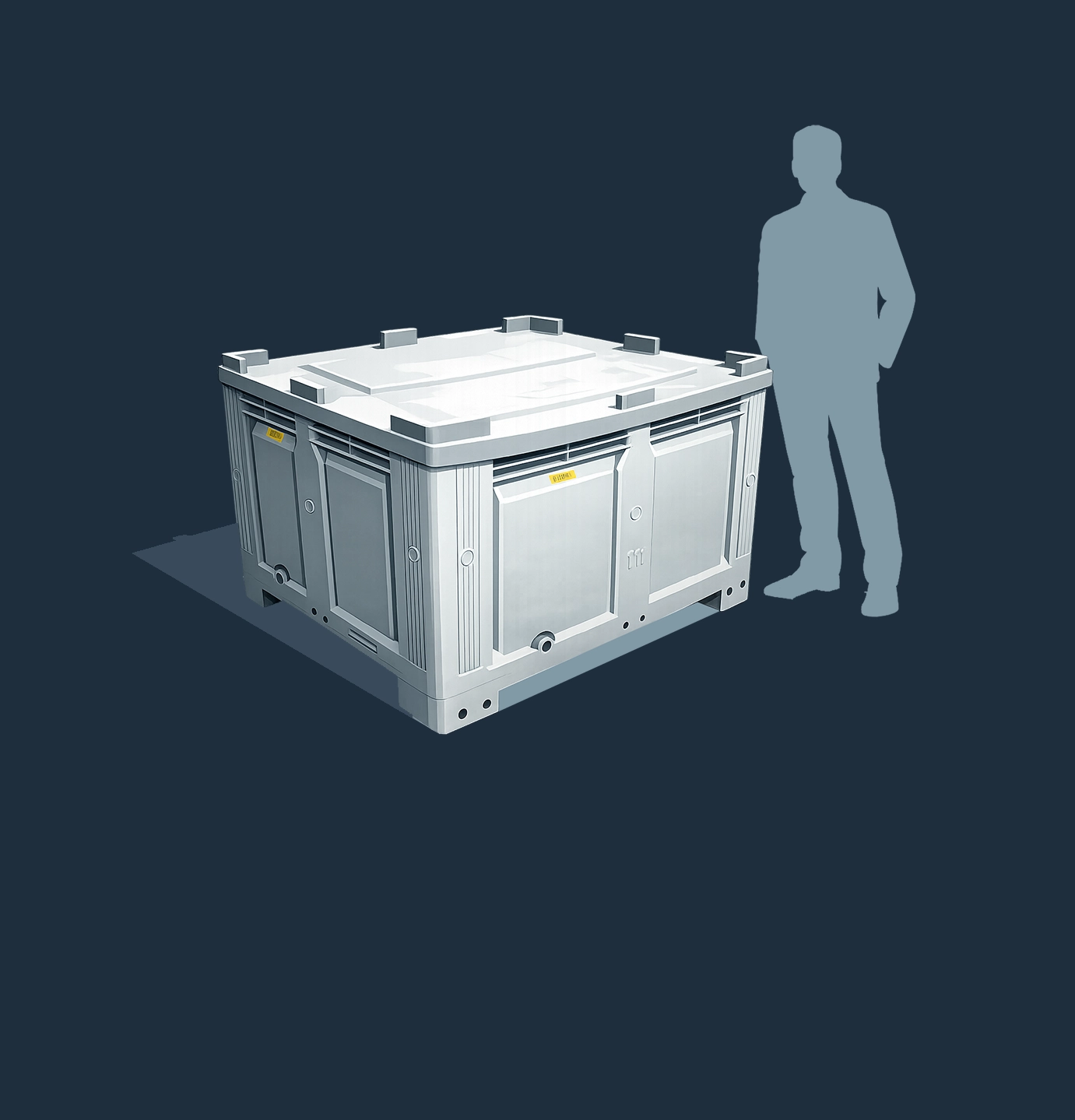Large white industrial crate with panel details next to the silhouette of a standing person for scale.