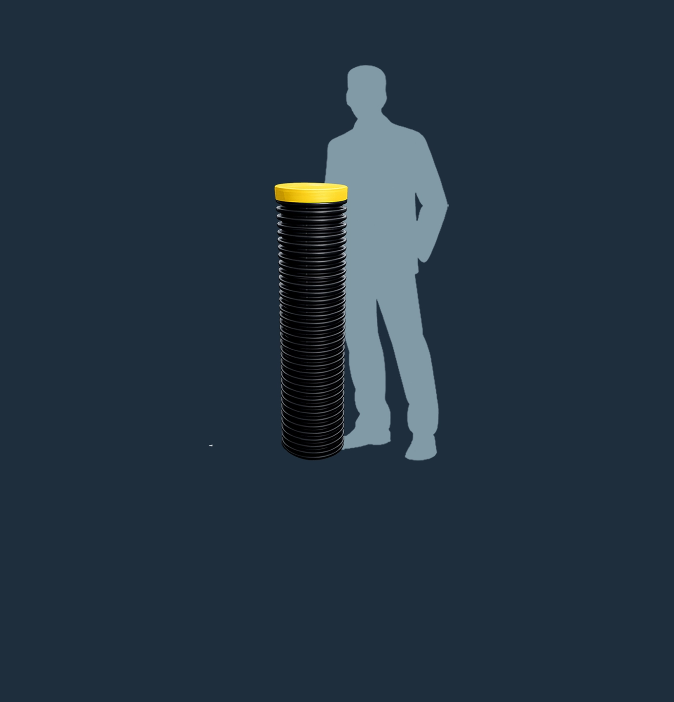 Black corrugated pipe with a yellow cap, shown next to a silhouette of a standing person for size comparison.