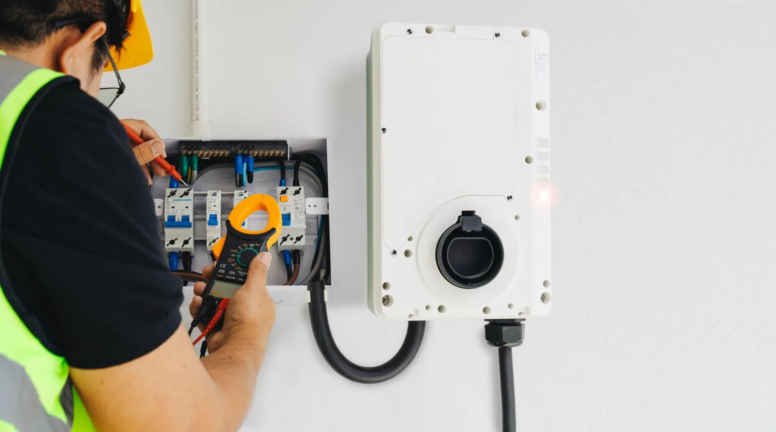 Electrician testing electrical connections during EV wall charger decommissioning