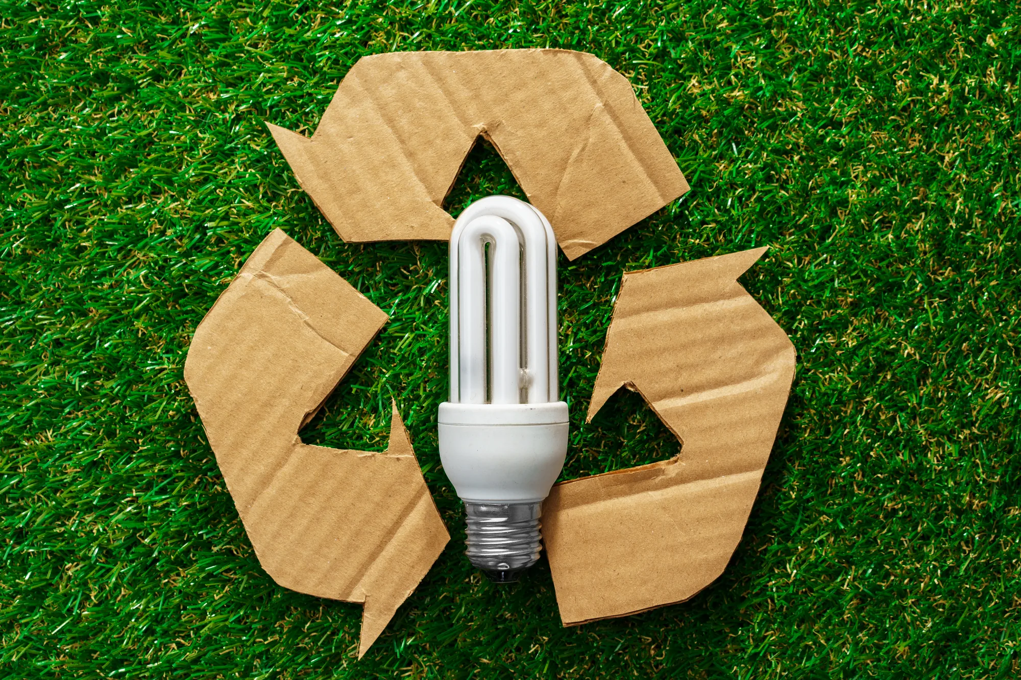 Energy-saving bulb beside a recycling symbol