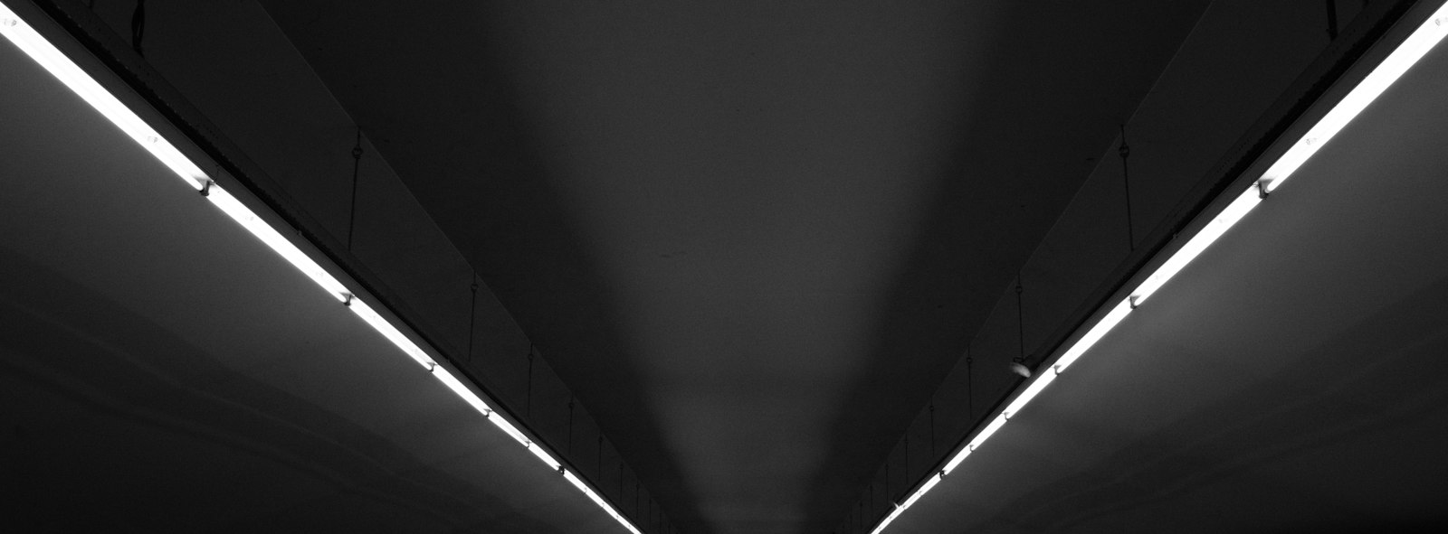 A long corridor lit by rows of fluorescent tubes