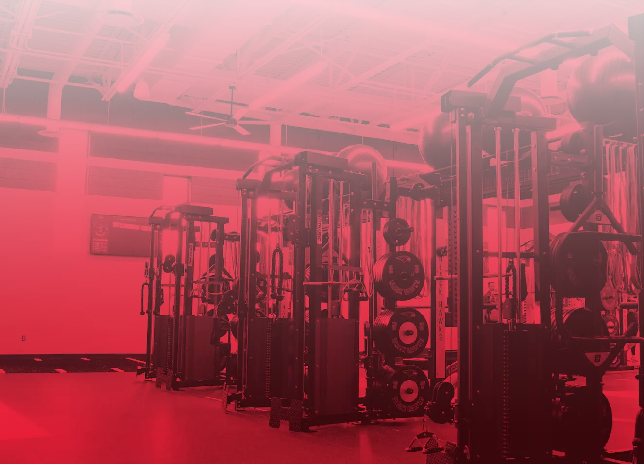 Indoor gym area with weightlifting machines and stacked weight plates.
