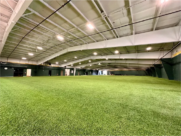 Large indoor sports facility with artificial green turf and overhead lighting.