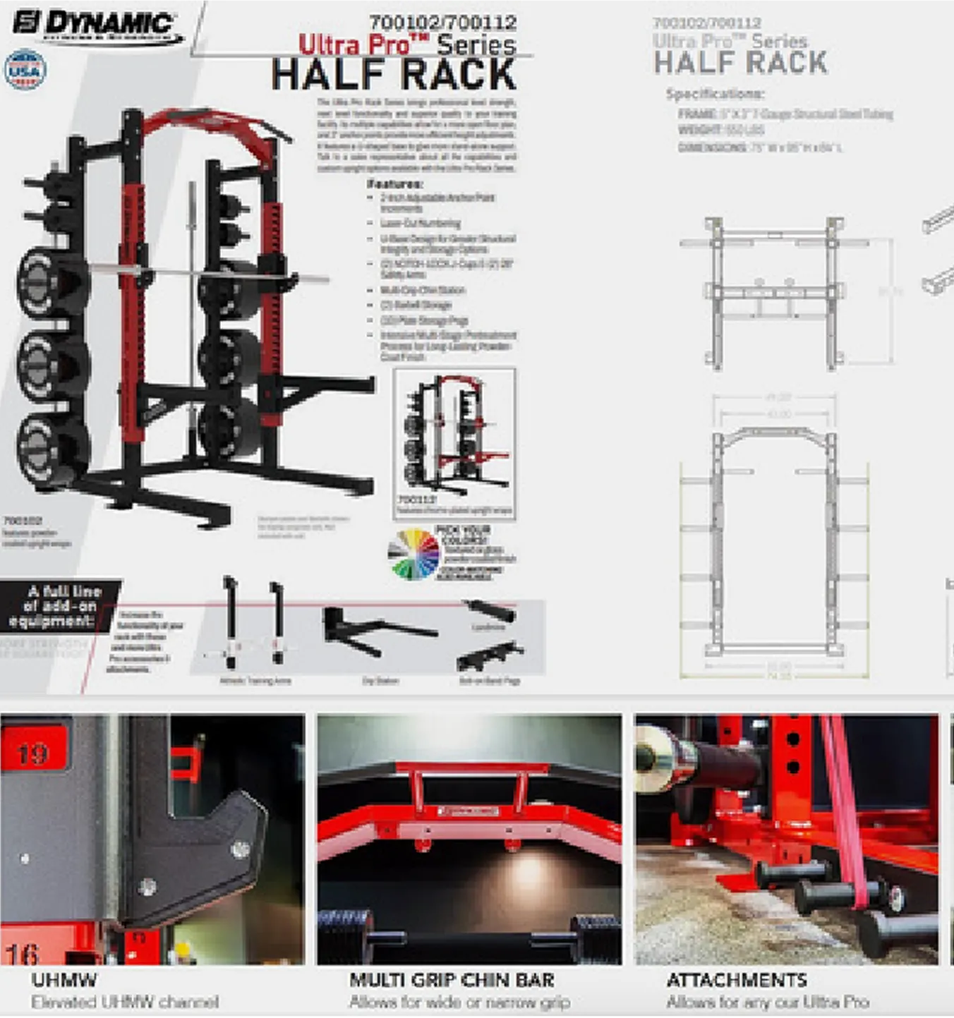 Dynamic Ultra Pro Series Half Rack with weight plates and attachments shown with product specs and diagrams.