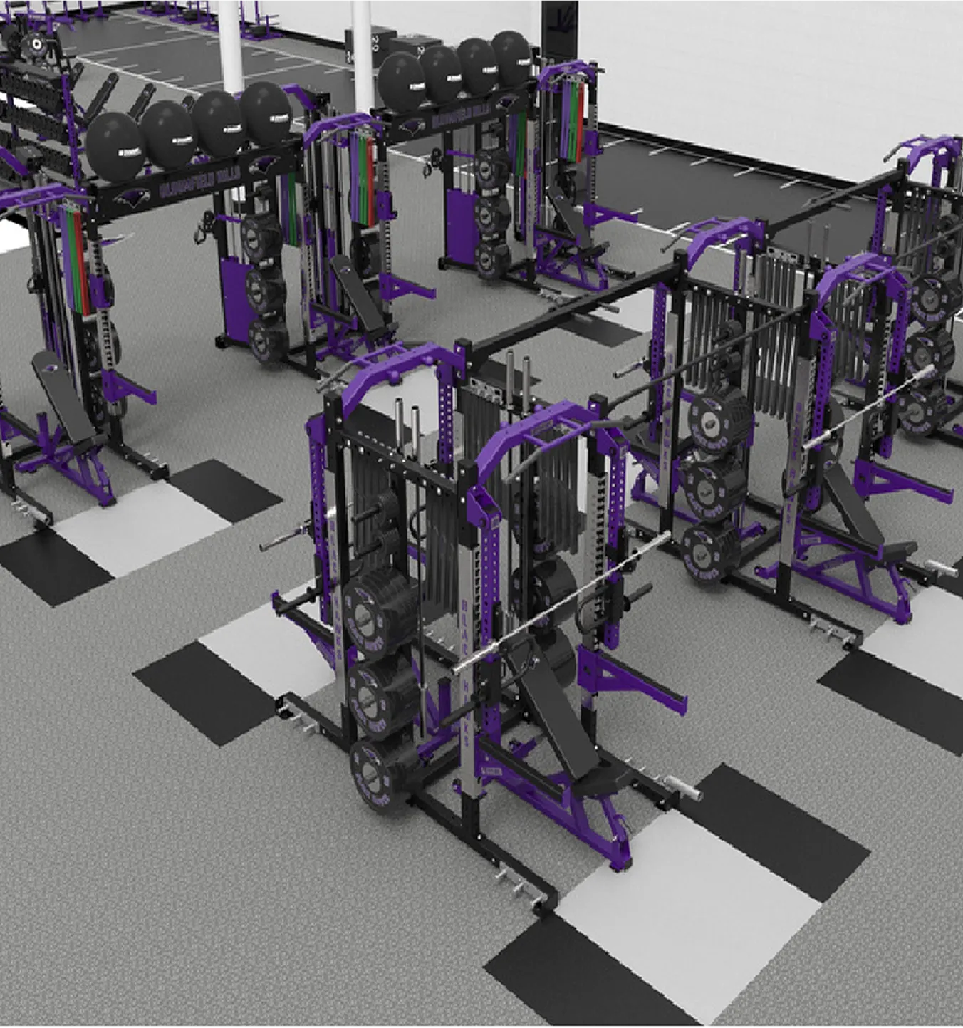 Indoor gym with multiple purple and black weightlifting racks and equipment arranged in neat rows.