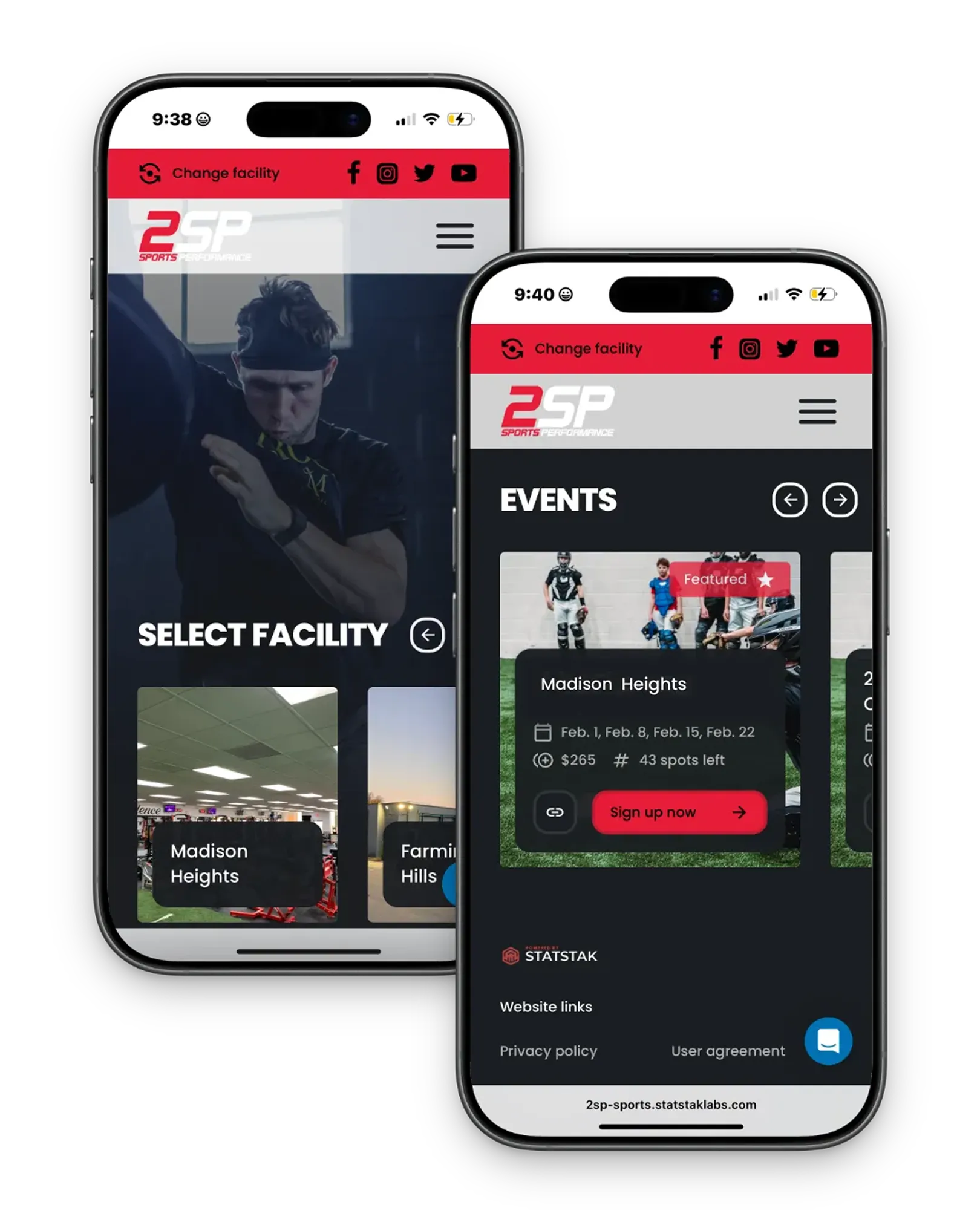 Two phones showing sports app screens: one to select facility, one listing Madison Heights events.