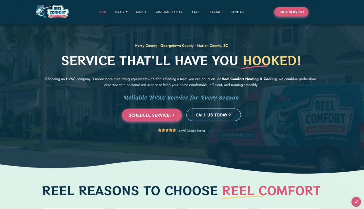 Reel Comfort Heating & Cooling website homepage