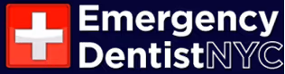 Emergency Dentist NYC logo with a red square and white medical cross on a dark blue background.