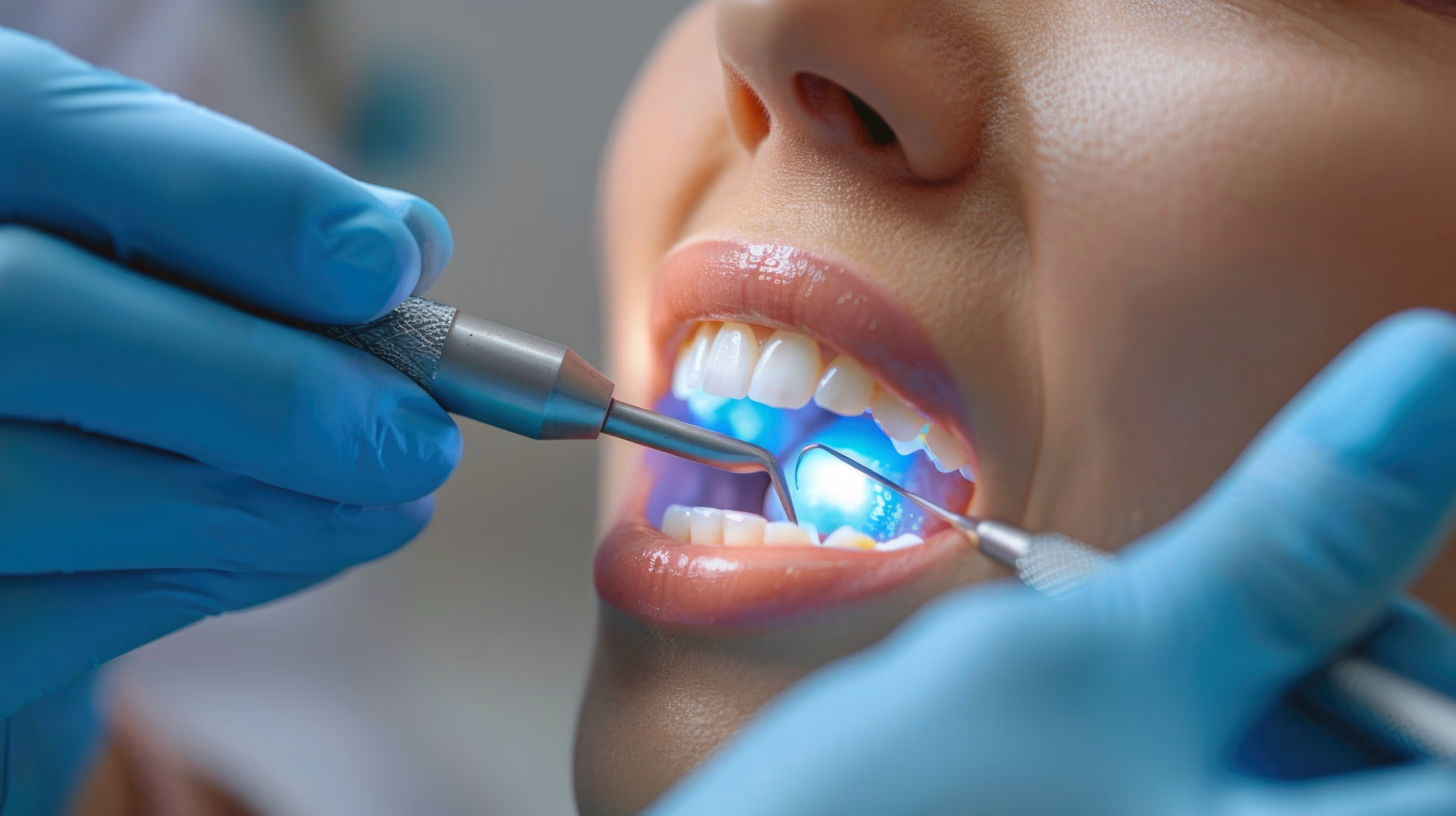 Close-up of a dental professional using dental tools with blue light inside a patient's open mouth.