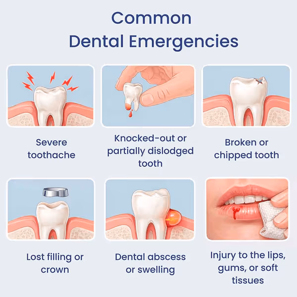 Illustrations of common dental emergencies: toothache, knocked-out tooth, broken tooth, lost crown, abscess, lip injury.