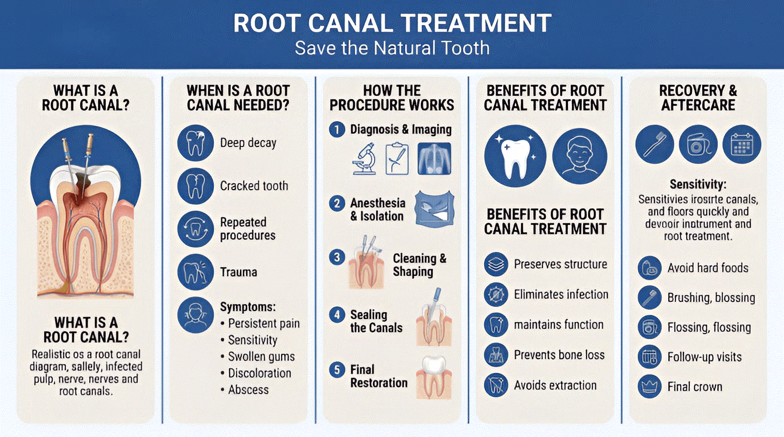 Infographic on root canal treatment process, benefits, symptoms, and aftercare tips.