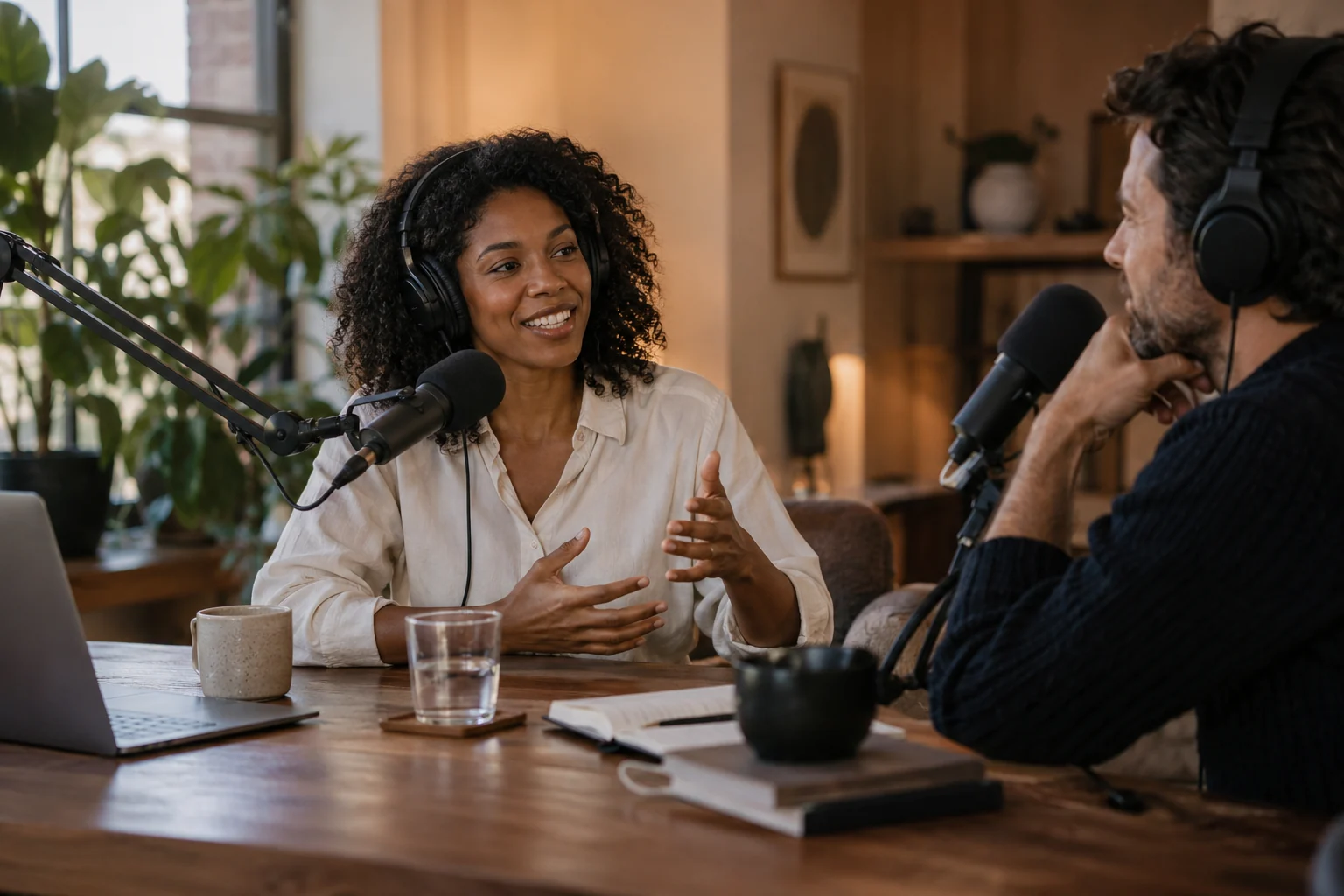 An engaged podcast conversation captured in a warm studio