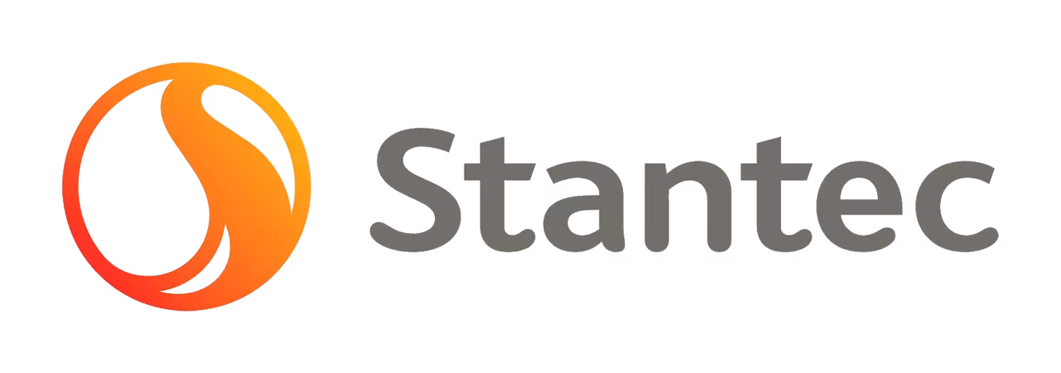 Stantec company logo with orange circular emblem and gray text.